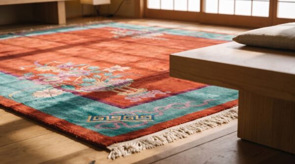 Red floral wool 1920s antique hand knotted chinese art deco rug (sku 22328) - in-room detail