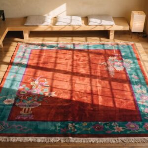 Red Floral Wool 1920s Antique Hand Knotted Chinese Art Deco Rug (SKU 22328) - styled overhead view