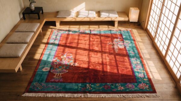 Red floral wool 1920s antique hand knotted chinese art deco rug (sku 22328) - styled overhead view