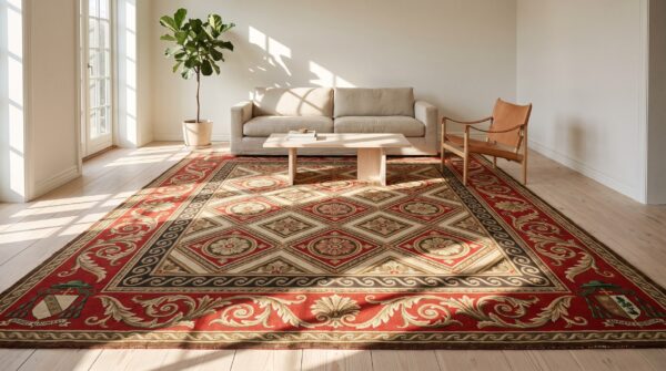 Red antique french geometric design oversized square needlepoint rug 11 Red antique french geometric design oversized square needlepoint rug (sku 20230) - room view