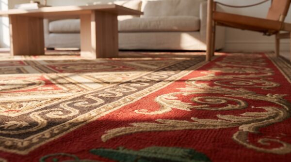 Red antique french geometric design oversized square needlepoint rug 12 Red antique french geometric design oversized square needlepoint rug (sku 20230) - in-room detail