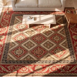Red Antique French Geometric Design Oversized Square Needlepoint Rug (SKU 20230) - styled overhead view