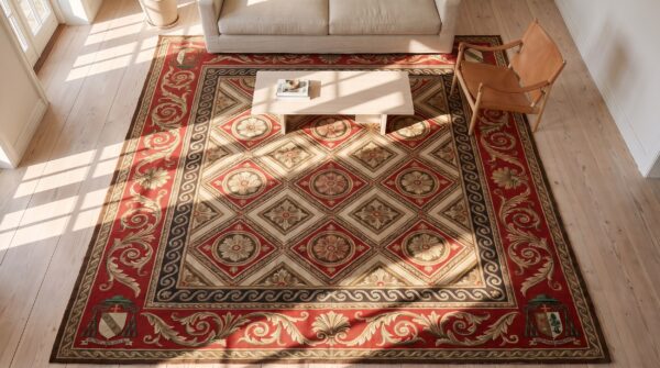 Red antique french geometric design oversized square needlepoint rug 2 Red antique french geometric design oversized square needlepoint rug (sku 20230) - styled overhead view