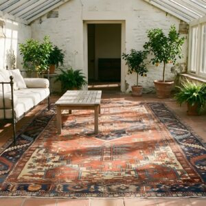 Antique Red Heriz Serapi Geometric Medallion Hand Knotted Room Size Persian Rug (SKU 25681) - room view