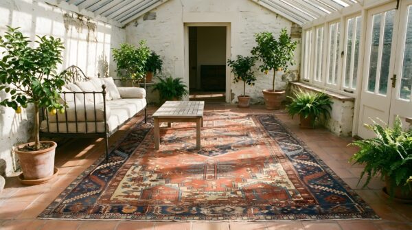 Antique red heriz serapi geometric medallion hand knotted room size persian rug (sku 25681) - room view