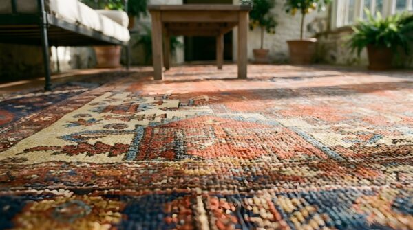 Antique red heriz serapi geometric medallion hand knotted room size persian rug (sku 25681) - in-room detail