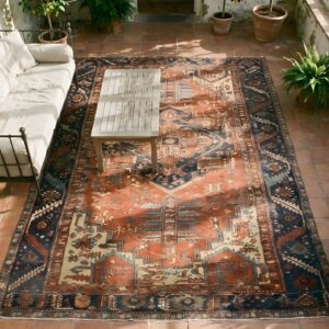 Antique Red Heriz Serapi Geometric Medallion Hand Knotted Room Size Persian Rug (SKU 25681) - styled overhead view