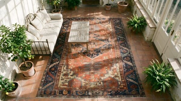 Antique red heriz serapi geometric medallion hand knotted room size persian rug (sku 25681) - styled overhead view