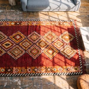 Antique Red Julkhir Uzbekistan Knotted Rug (SKU 20050) - styled overhead view