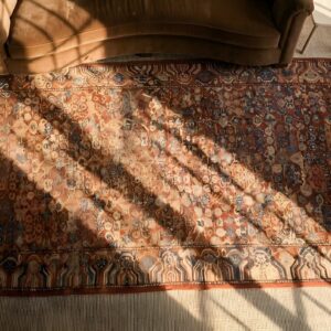 Red Antique Khotan East Turkestan Hallway Runner Rug (SKU 24262) - styled overhead view