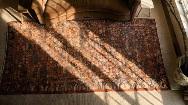 Red antique khotan east turkestan hallway runner rug 2 Red antique khotan east turkestan hallway runner rug (sku 24262) - styled overhead view