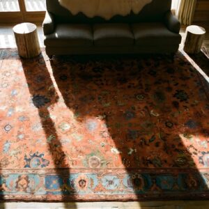 Red Large Size Tribal Floral Pattern Antique Persian Sultanabad Rug (SKU 24742) - styled overhead view