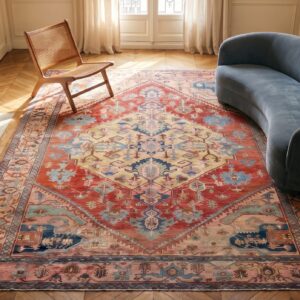 Red Late 19th Century Antique Geometric Persian Room Size Serapi Rug (SKU 19857) - styled overhead view
