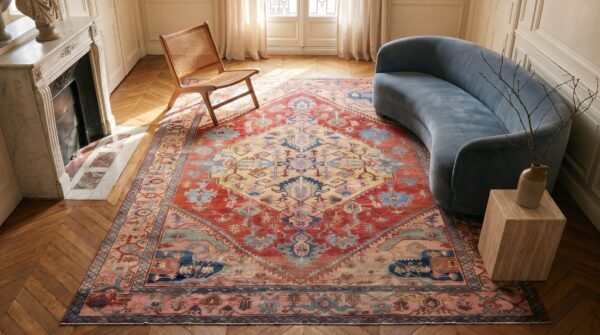 Red late 19th century antique geometric persian room size serapi rug (sku 19857) - styled overhead view