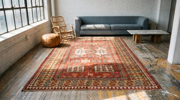 Antique red late 19th century tribal geometric caucasian karachopf rug 7 Antique red late 19th century tribal geometric caucasian karachopf rug (sku 18008) - room view