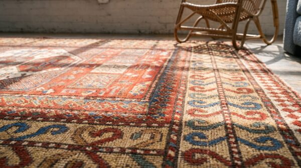 Antique red late 19th century tribal geometric caucasian karachopf rug 8 Antique red late 19th century tribal geometric caucasian karachopf rug (sku 18008) - in-room detail