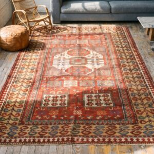 Antique Red Late 19th Century Tribal Geometric Caucasian Karachopf Rug (SKU 18008) - styled overhead view