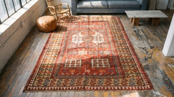 Antique red late 19th century tribal geometric caucasian karachopf rug 2 Antique red late 19th century tribal geometric caucasian karachopf rug (sku 18008) - styled overhead view