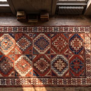 Antique Red Late 19th Century Tribal Geometric Caucasian Moghan Carpet (SKU 18965) - styled overhead view