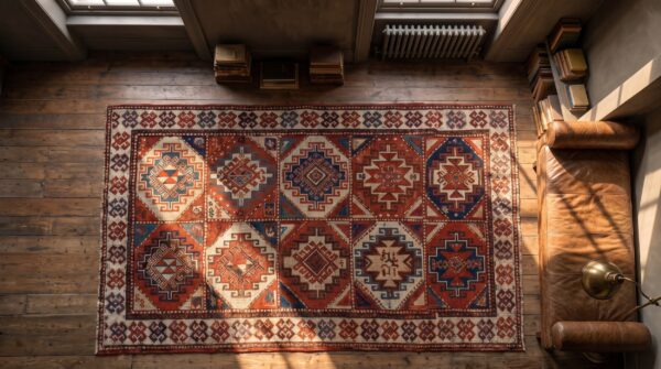 Antique red late 19th century tribal geometric caucasian moghan carpet 2 Antique red late 19th century tribal geometric caucasian moghan carpet (sku 18965) - styled overhead view