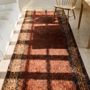 Red Antique Long and Narrow Persian Seraband Paisley Hallway Runner Rug (SKU 23696) - styled overhead view