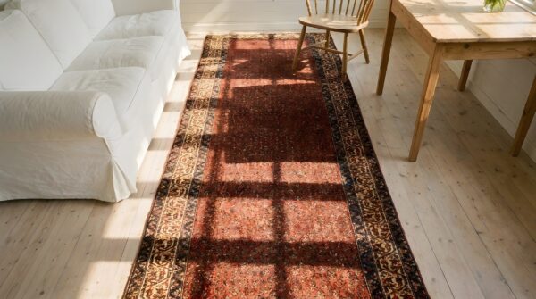 Red antique long and narrow persian seraband paisley hallway runner rug 2 Red antique long and narrow persian seraband paisley hallway runner rug (sku 23696) - styled overhead view