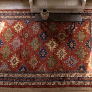 Antique Red Malayer Persian Allover Geometric Knotted Rug (SKU 23605) - styled overhead view