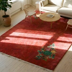 Antique Red Minimalist Art Deco Chinese Room Size Area Rug (SKU 23357) - styled overhead view