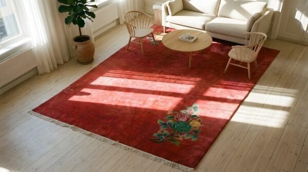 Antique red minimalist art deco chinese room size area rug 2 Antique red minimalist art deco chinese room size area rug (sku 23357) - styled overhead view
