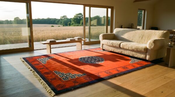 Antique red mongolian chinese medallion knotted rug (sku 23753) - room view