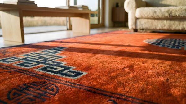 Antique red mongolian chinese medallion knotted rug (sku 23753) - in-room detail