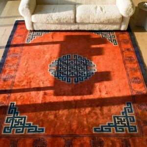 Antique Red Mongolian Chinese Medallion Knotted Rug (SKU 23753) - styled overhead view