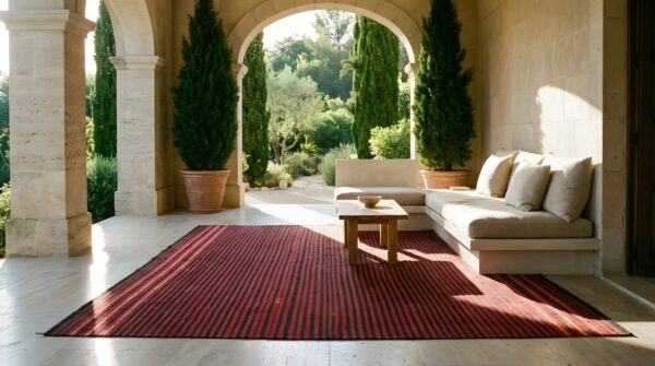 Red antique navajo - rio grande belgium square flat weave rug 8 Red antique navajo - rio grande belgium square flat weave rug (sku 25648) - room view