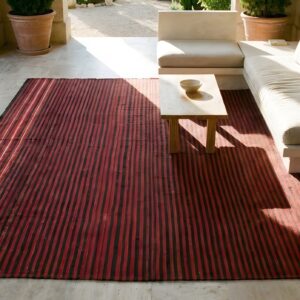 Red Antique Navajo - Rio Grande Belgium Square Flat Weave Rug (SKU 25648) - styled overhead view