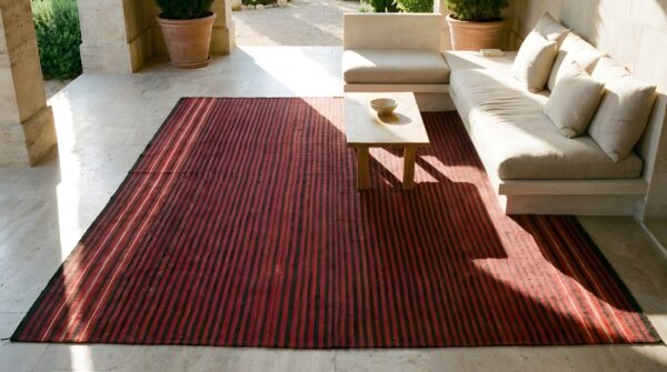 Red antique navajo - rio grande belgium square flat weave rug 2 Red antique navajo - rio grande belgium square flat weave rug (sku 25648) - styled overhead view