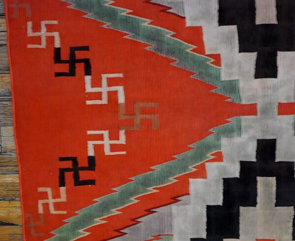 Antique red navajo small scatter size wool flat weave native american rug 2 Antique red navajo small scatter size wool flat weave native american rug (sku 23421) - styled overhead view
