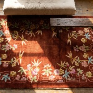 Red Open Field Antique Art Deco Chinese Carpet (SKU 24204) - styled overhead view