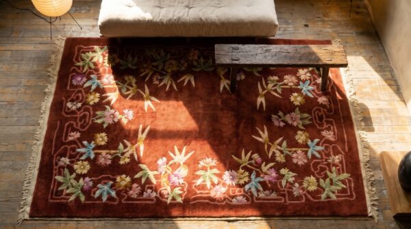 Red open field antique art deco chinese carpet 2 Red open field antique art deco chinese carpet (sku 24204) - styled overhead view
