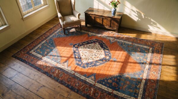 Antique red open field tribal medallion design large persian bakshaish rug 2 Antique red open field tribal medallion design large persian bakshaish rug (sku 25461) - styled overhead view