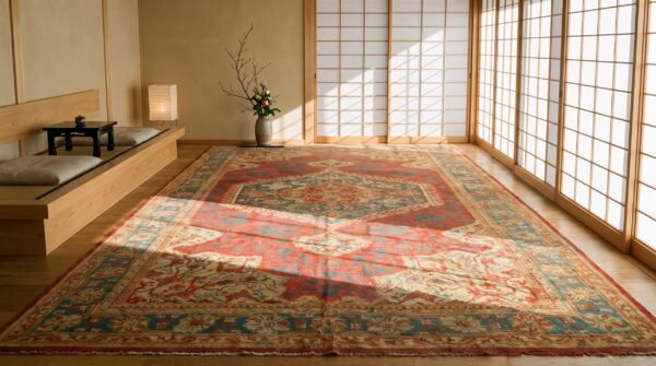 Antique red oversized tribal turkish medallion oushak rug 5 Antique red oversized tribal turkish medallion oushak rug (sku 21424) - room view
