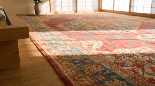 Antique red oversized tribal turkish medallion oushak rug 6 Antique red oversized tribal turkish medallion oushak rug (sku 21424) - in-room detail