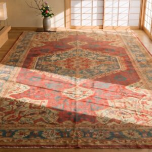Antique Red Oversized Tribal Turkish Medallion Oushak Rug (SKU 21424) - styled overhead view