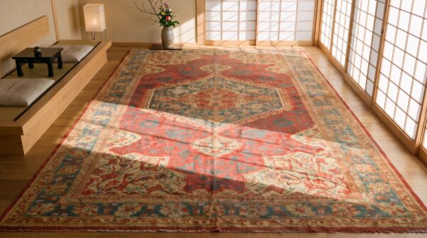 Antique red oversized tribal turkish medallion oushak rug 2 Antique red oversized tribal turkish medallion oushak rug (sku 21424) - styled overhead view