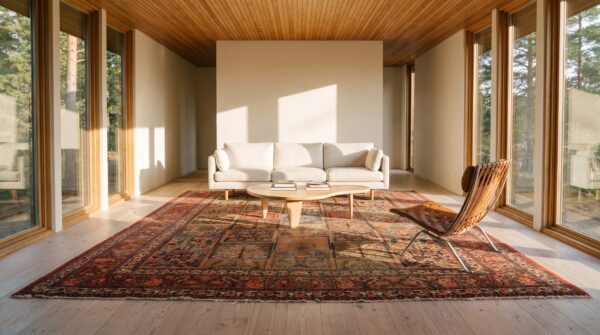 Red antique persian khorassan garden design distressed shabby chic rug 10 Red antique persian khorassan garden design distressed shabby chic rug (sku 24326) - in-room detail