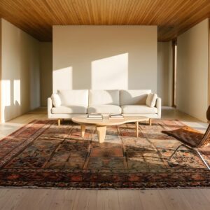 Red Antique Persian Khorassan Garden Design Distressed Shabby Chic Rug (SKU 24326) - styled overhead view
