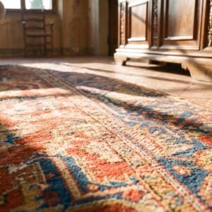 Antique Red Persian Tribal Allover Design Heriz Hand Knotted Wool Pile Rug (SKU 24510) - in-room detail