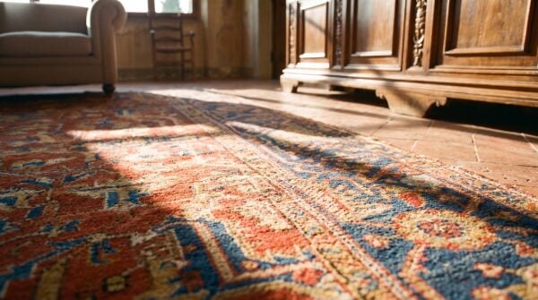Antique red persian tribal allover design heriz hand knotted wool pile rug 11 Antique red persian tribal allover design heriz hand knotted wool pile rug (sku 24510) - in-room detail
