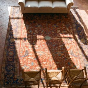 Antique Red Persian Tribal Allover Design Heriz Hand Knotted Wool Pile Rug (SKU 24510) - styled overhead view