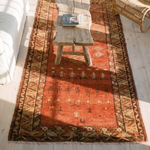 Red Primitive Tribal Design Hand Knotted 19th Century NW Persian Antique Wool Hallway Runner (SKU 21710) - styled overhead view