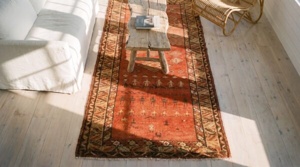 Red primitive tribal design hand knotted 19th century nw persian antique wool hallway runner 2 Red primitive tribal design hand knotted 19th century nw persian antique wool hallway runner (sku 21710) - styled overhead view
